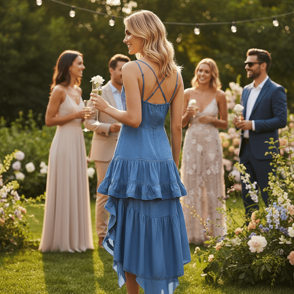 Ruffled High-Low Dress - Crisscross Back Spaghetti Strap - Fashions Envy