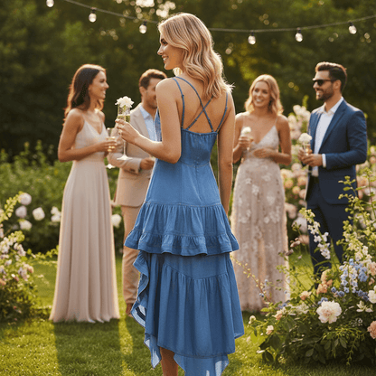 Ruffled High-Low Dress - Crisscross Back Spaghetti Strap - Fashions Envy