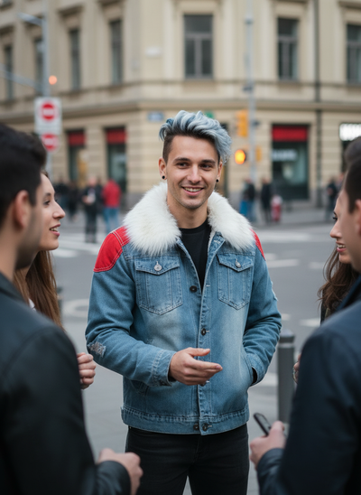 Blue White Hair Men's Denim Jacket Lifestyle Image