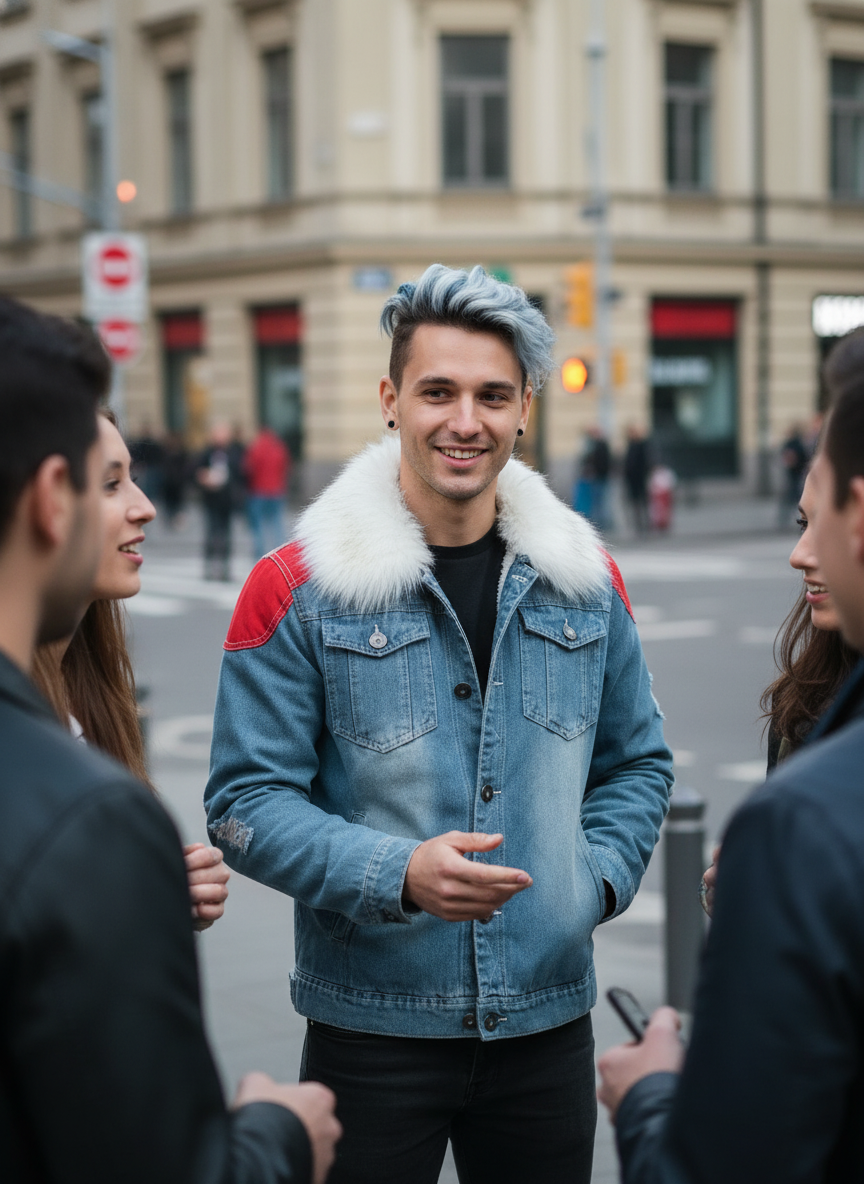 Blue White Hair Men's Denim Jacket Lifestyle Image