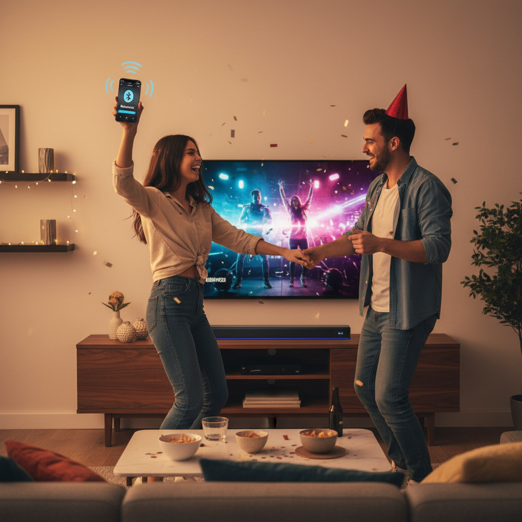 Bluetooth soundbar party scene with dancing couple