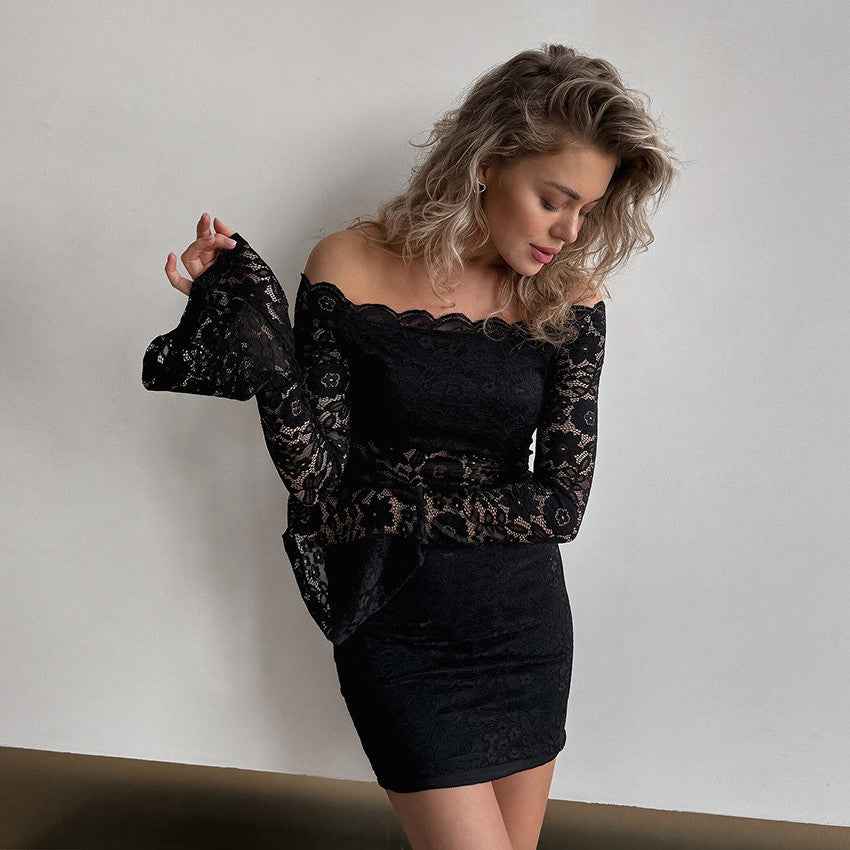 Elegant black lace bodycon mini dress with off-shoulder sleeves and fitted silhouette