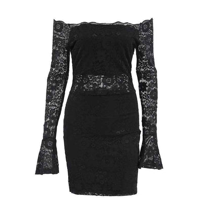 Elegant black bodycon mini dress with lace detailing and off-the-shoulder sleeves for a stylish look
