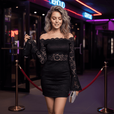 Elegant black off-shoulder Bodycon Mini Dress with lace details and bell sleeves, perfect for night outs