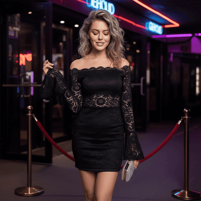 Elegant black off-shoulder Bodycon Mini Dress with lace details and bell sleeves, perfect for night outs
