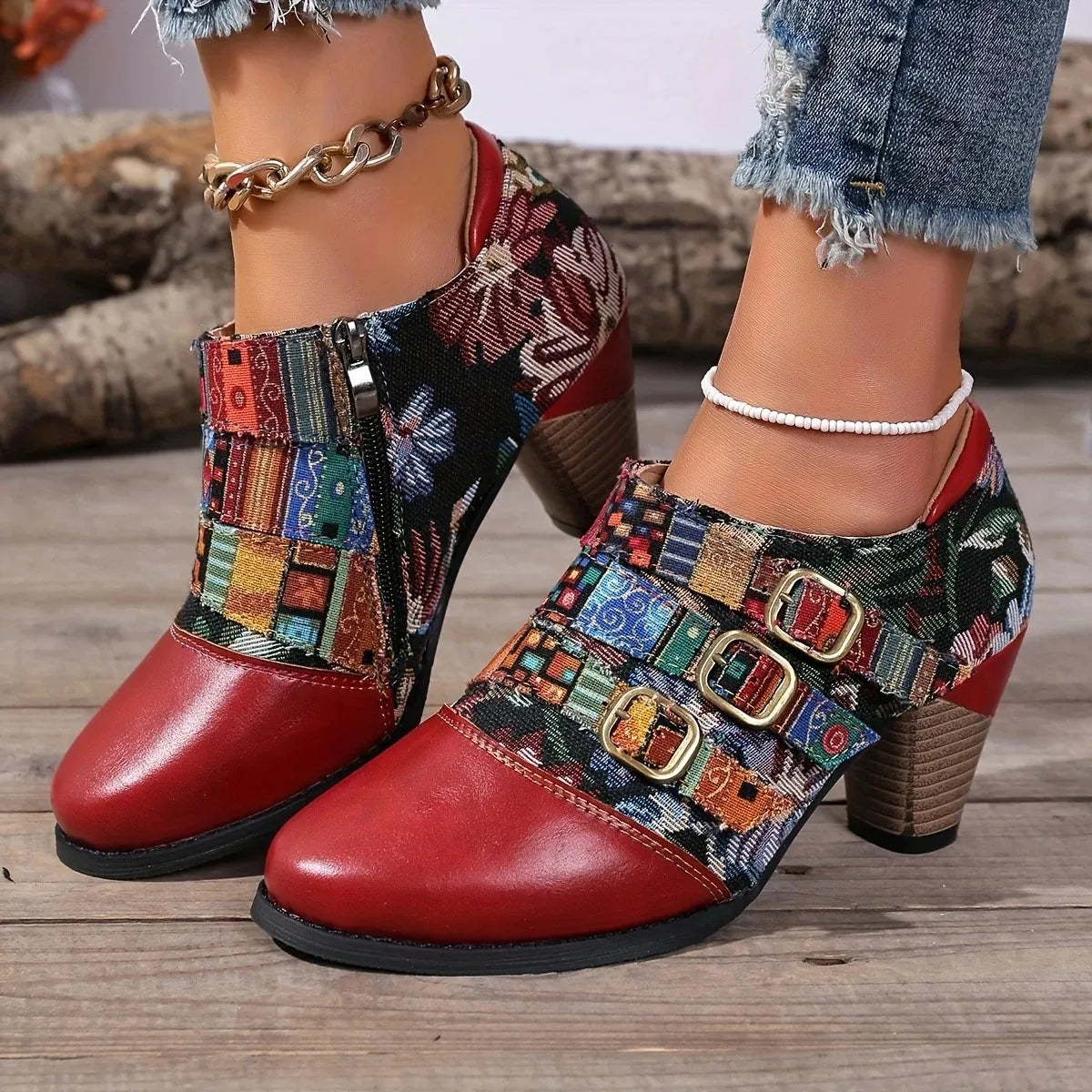 Trendsi women's bohemian patchwork ankle boots red leather toe and floral patchwork fabric with triple buckles and stacked heel