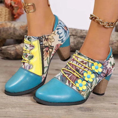 Trendsi women's bohemian patchwork ankle boots teal floral fabric with yellow flower laces and heels