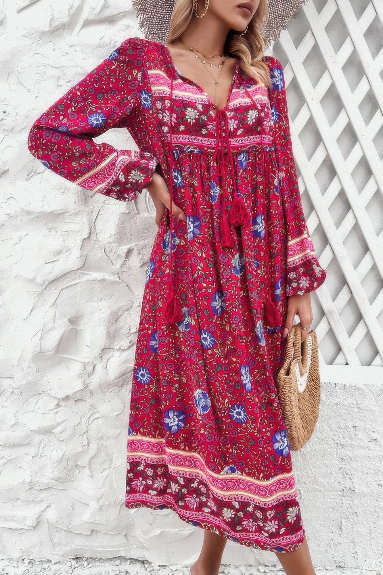 Red boho midi floral print v neck dress with long bishop sleeves tassel tie and straw bag summer outfit