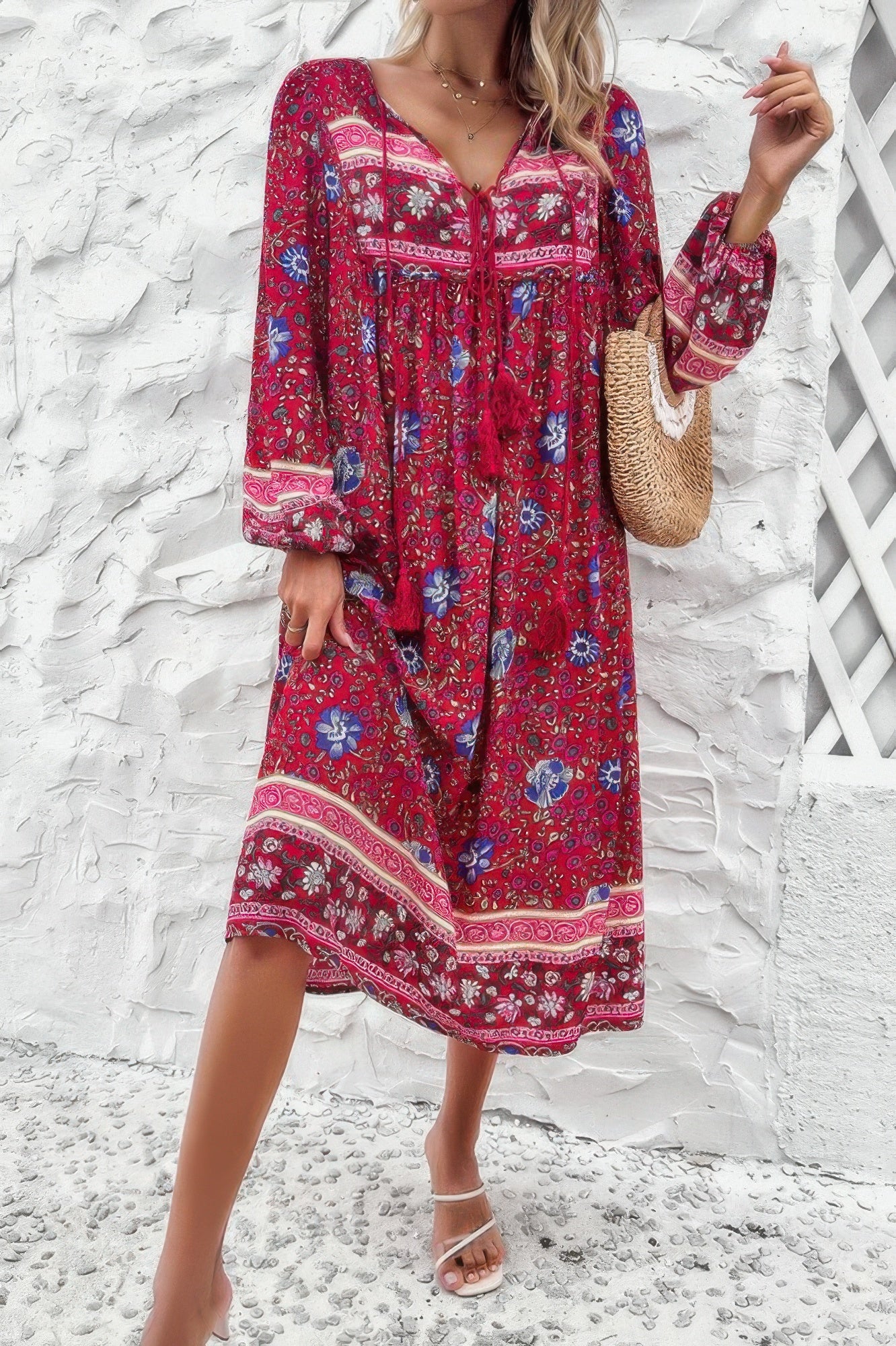CCWHOLESALECLOTHING red boho midi floral print v neck dress with long sleeves and straw bag styling