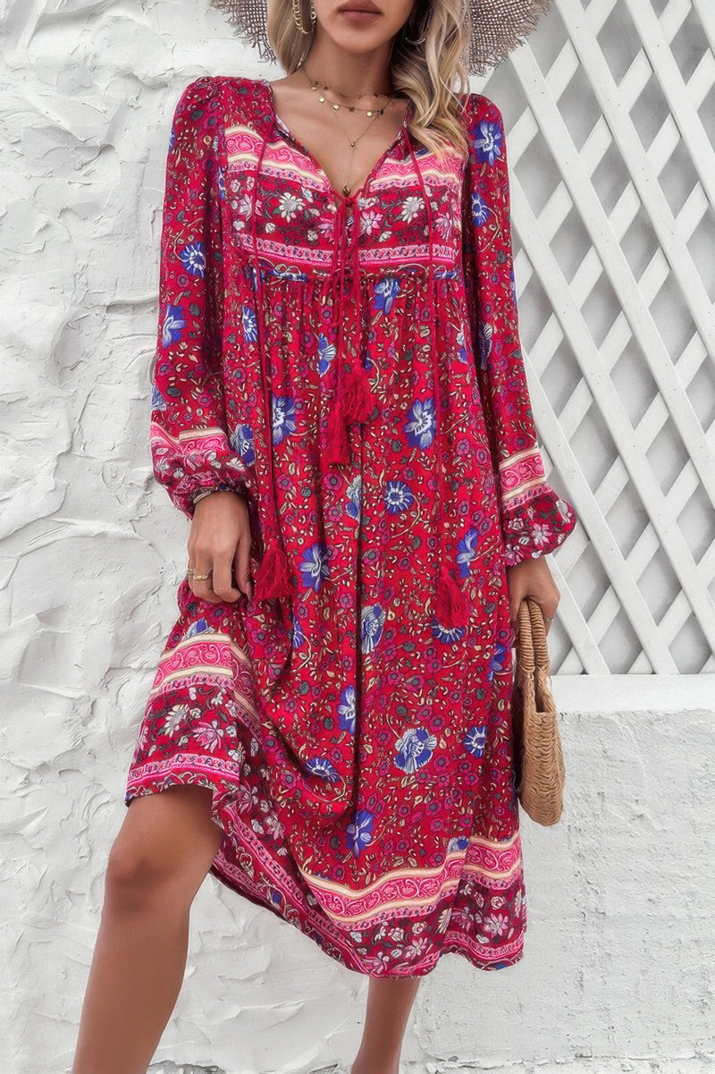 CCWHOLESALECLOTHING floral print v neck dress red boho midi with long sleeves tassel tie ideal for summer beach