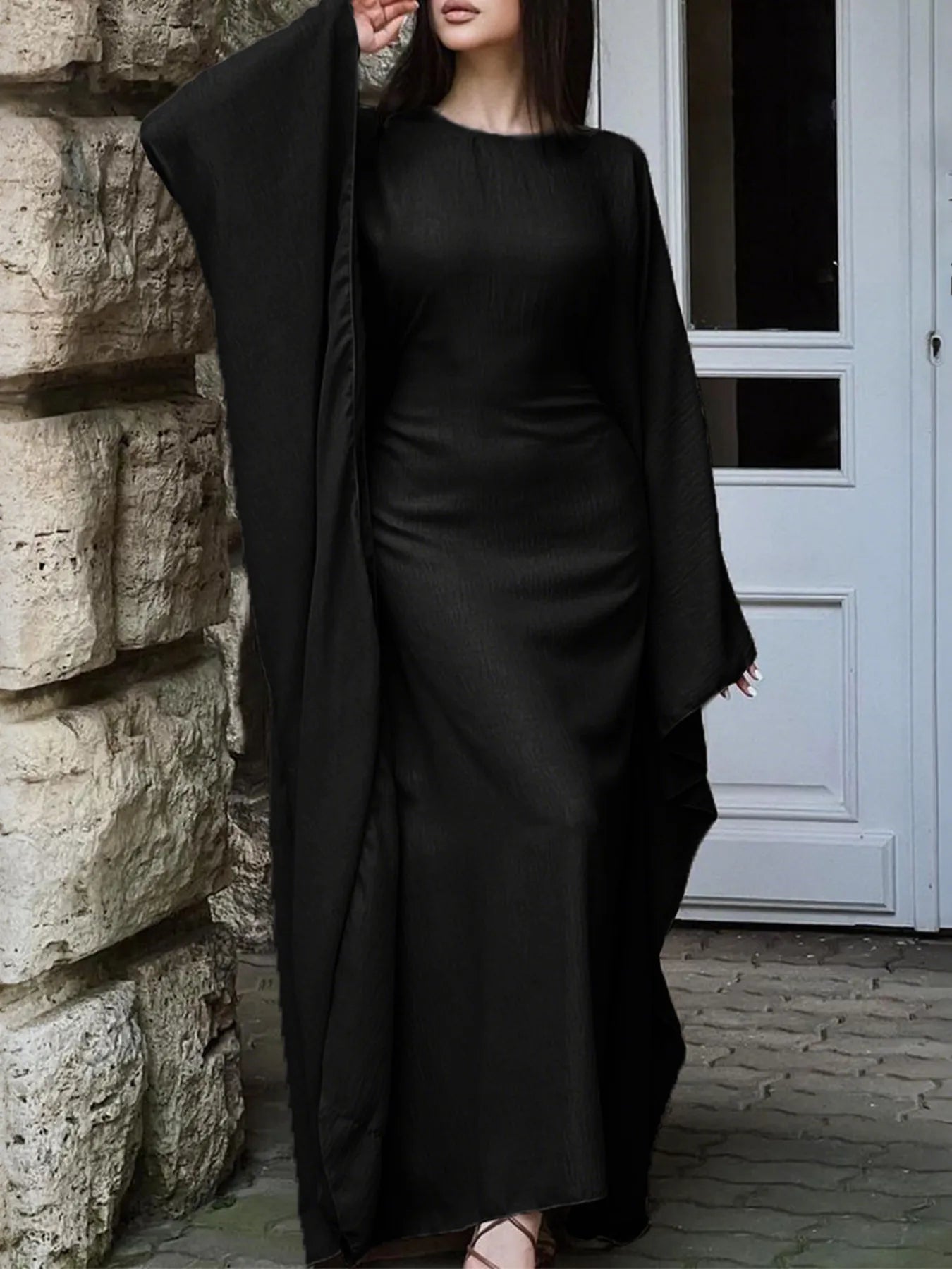Trendsi black bohemian maxi dress with cape sleeves floor length fitted gown with round neckline