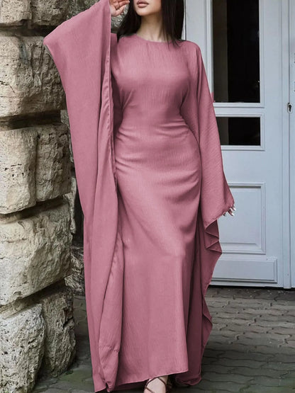 Trendsi bohemian maxi dress with cape sleeves in dusty rose ribbed fabric floor length modest neckline