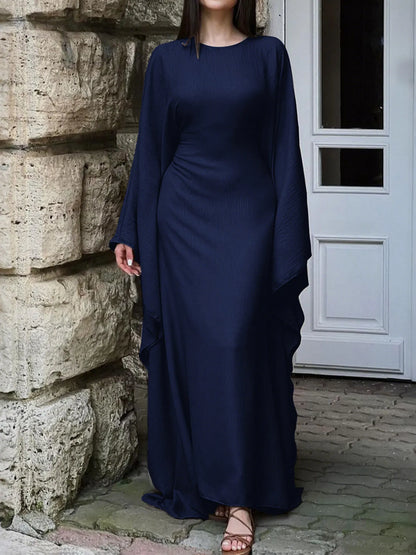 Trendsi navy bohemian maxi dress with cape sleeves floor length flowing fabric and modest neckline