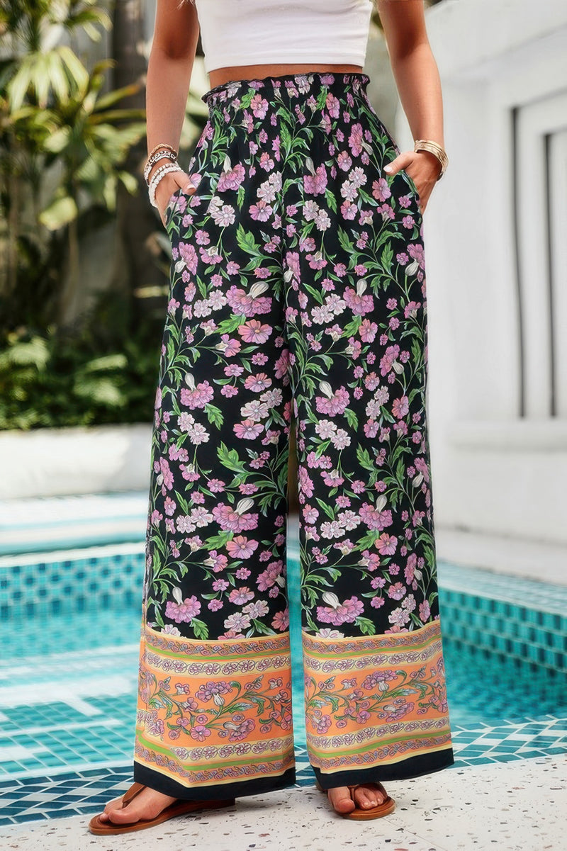 CCWHOLESALECLOTHING floral wide leg pants for women black pants with pink floral print and colorful border hem