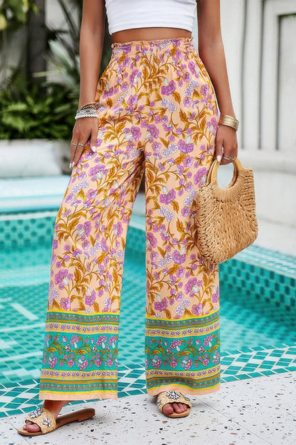 CCWHOLESALECLOTHING floral wide leg pants for women in yellow purple boho print high waist relaxed fit summer resort wear