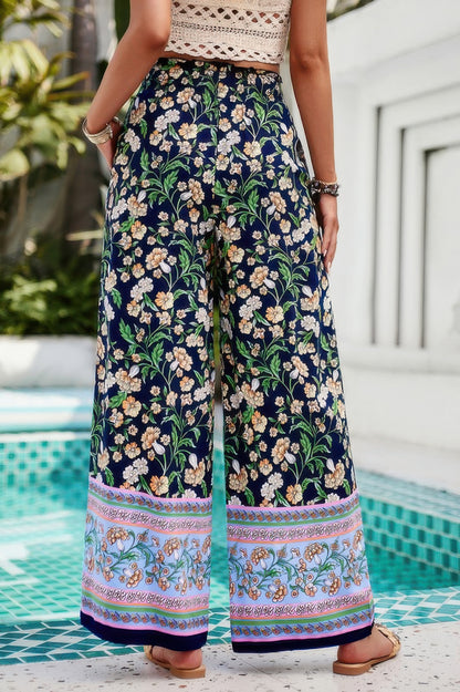 CCWHOLESALECLOTHING floral wide leg pants for women navy high waist boho border hem poolside outfit