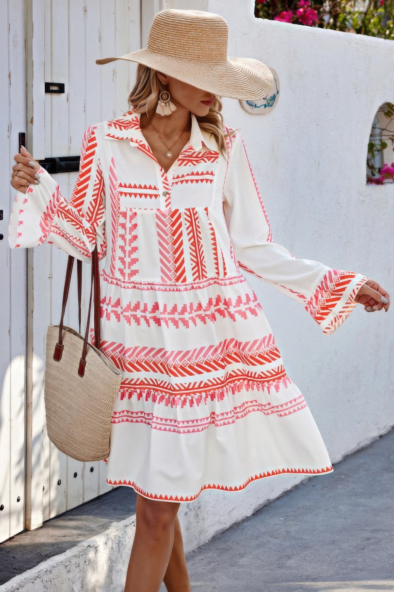CCWHOLESALECLOTHING white and coral geometric print bell sleeve dress with V neck tiered skirt for summer