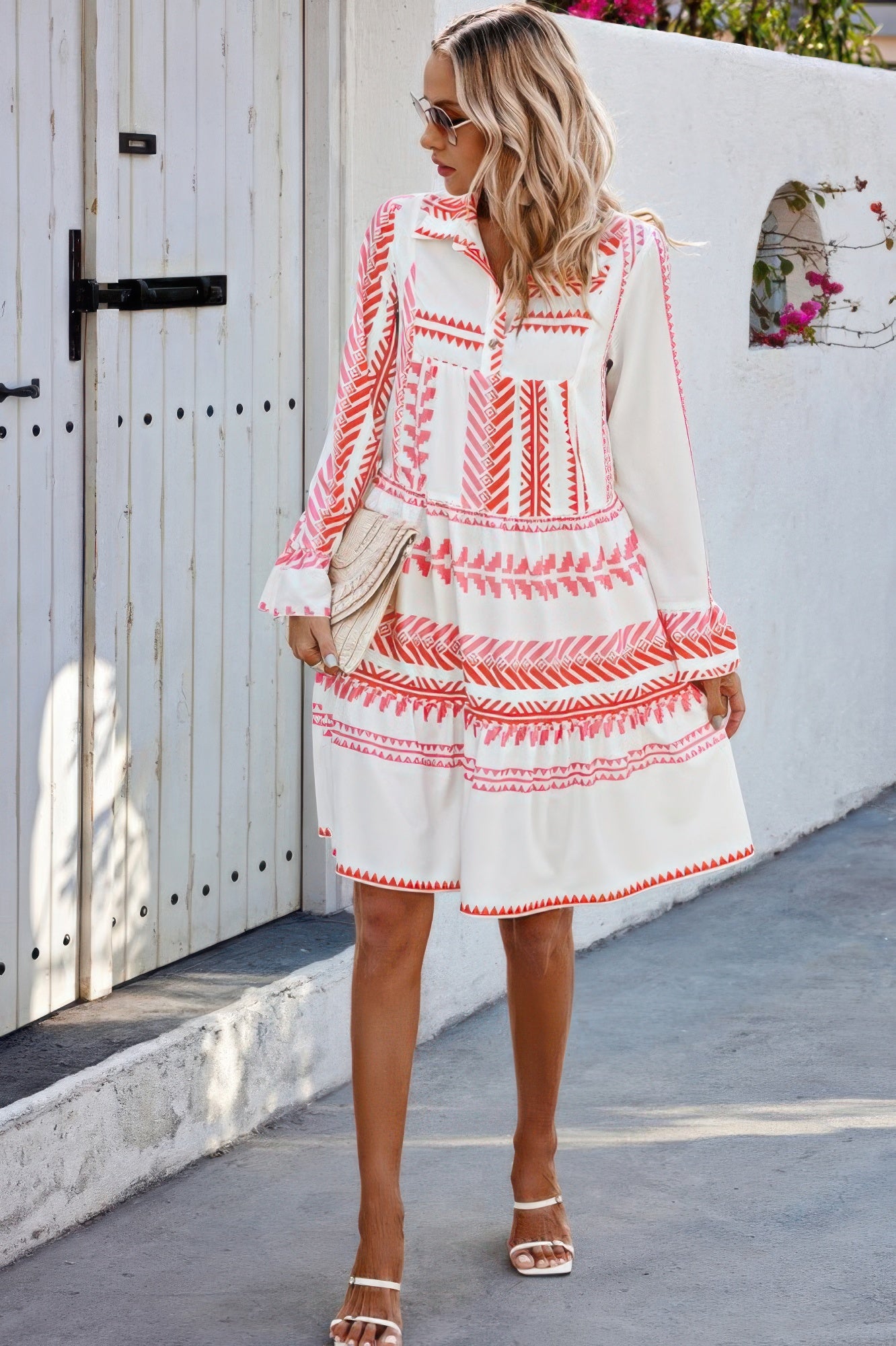 CCWHOLESALECLOTHING geometric print bell sleeve dress white and coral tiered casual summer sundress