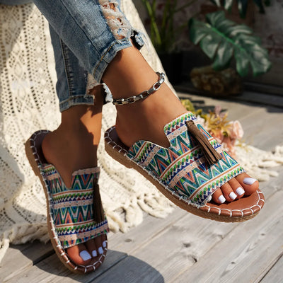 Trendsi Boho Tassel Slide Sandals with colorful geometric patterns and decorative tassels