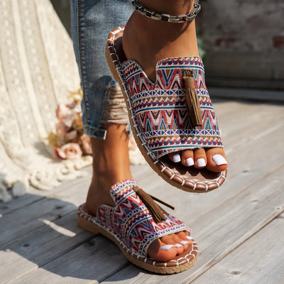 Trendsi Boho Tassel Slide Sandals with colorful geometric pattern and brown tassel detail