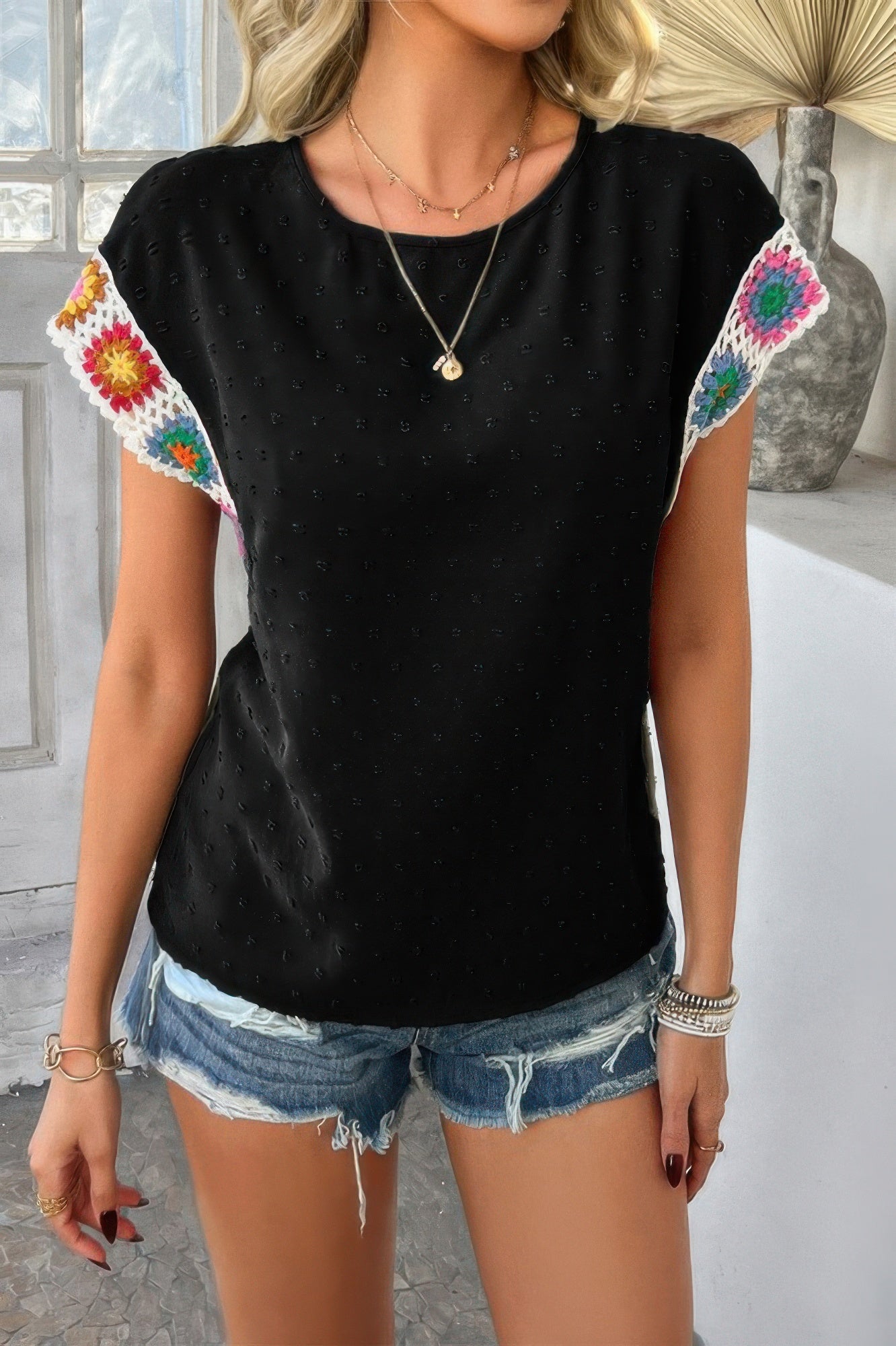 Swiss dot crochet patchwork shirt black casual top with colorful crochet cap sleeves by CCWHOLESALECLOTHING