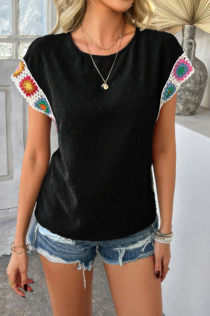 Swiss dot crochet patchwork shirt black casual top with colorful crochet cap sleeves by CCWHOLESALECLOTHING