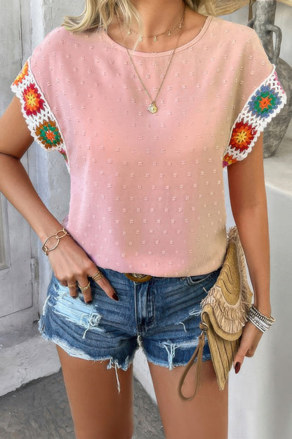 CCWHOLESALECLOTHING Swiss dot crochet patchwork shirt pink textured top with colorful granny square sleeves