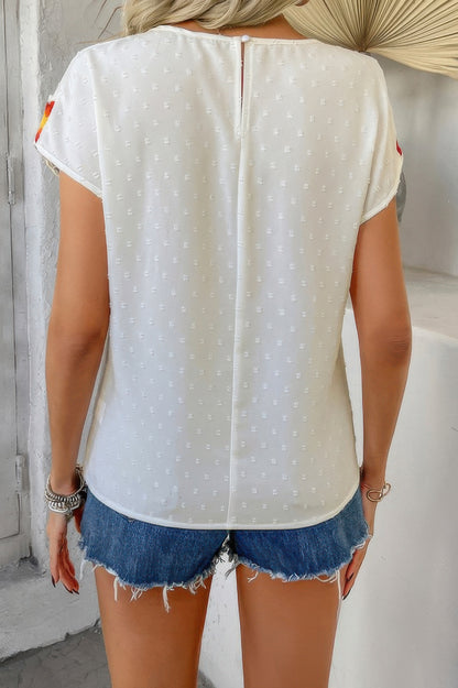 CCWHOLESALECLOTHING white Swiss dot crochet patchwork shirt back view with center seam zipper and denim cutoff shorts