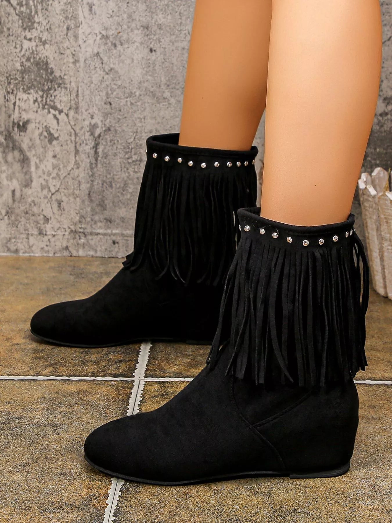 Trendsi black suede Western Style Ankle Boots with fringe trim and stud detail low wedge heel
