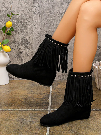 Trendsi black suede Western Style Ankle Boots with fringe and stud trim on low wedge heel