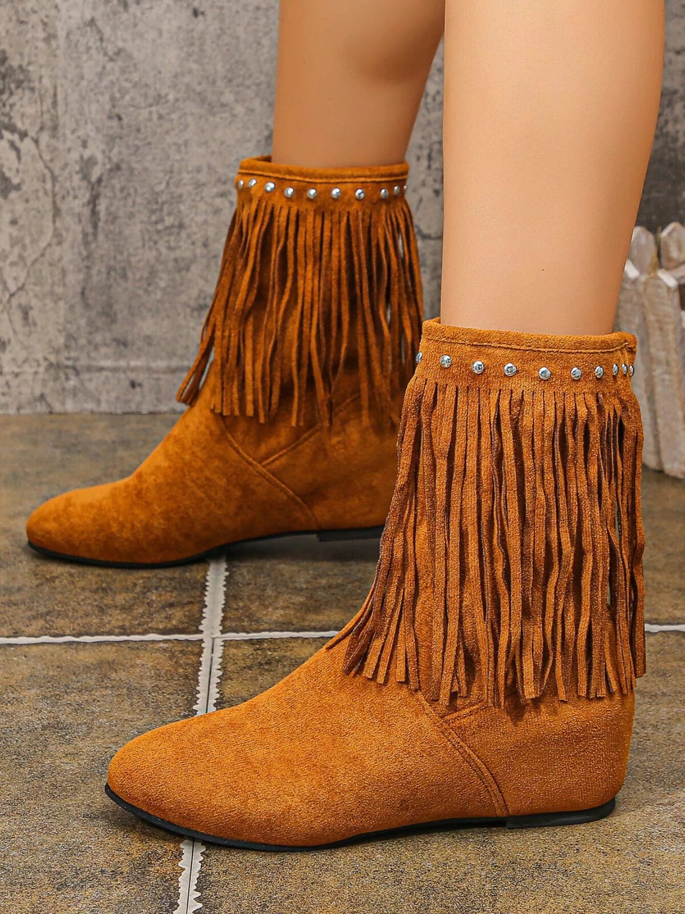 Trendsi Western Style Ankle Boots tan suede with long fringe and studded trim flat low heel