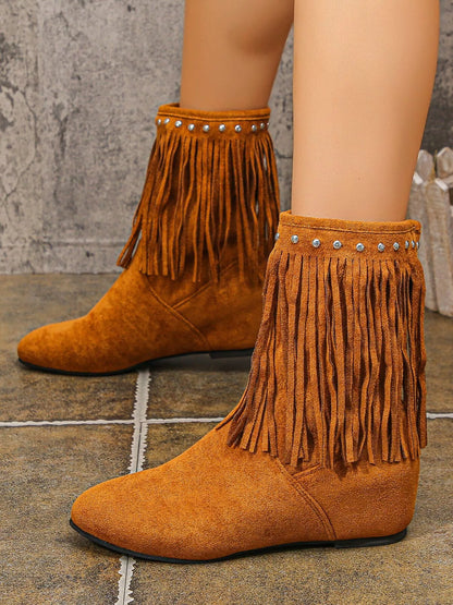 Trendsi Western Style Ankle Boots tan suede with long fringe and studded trim flat low heel