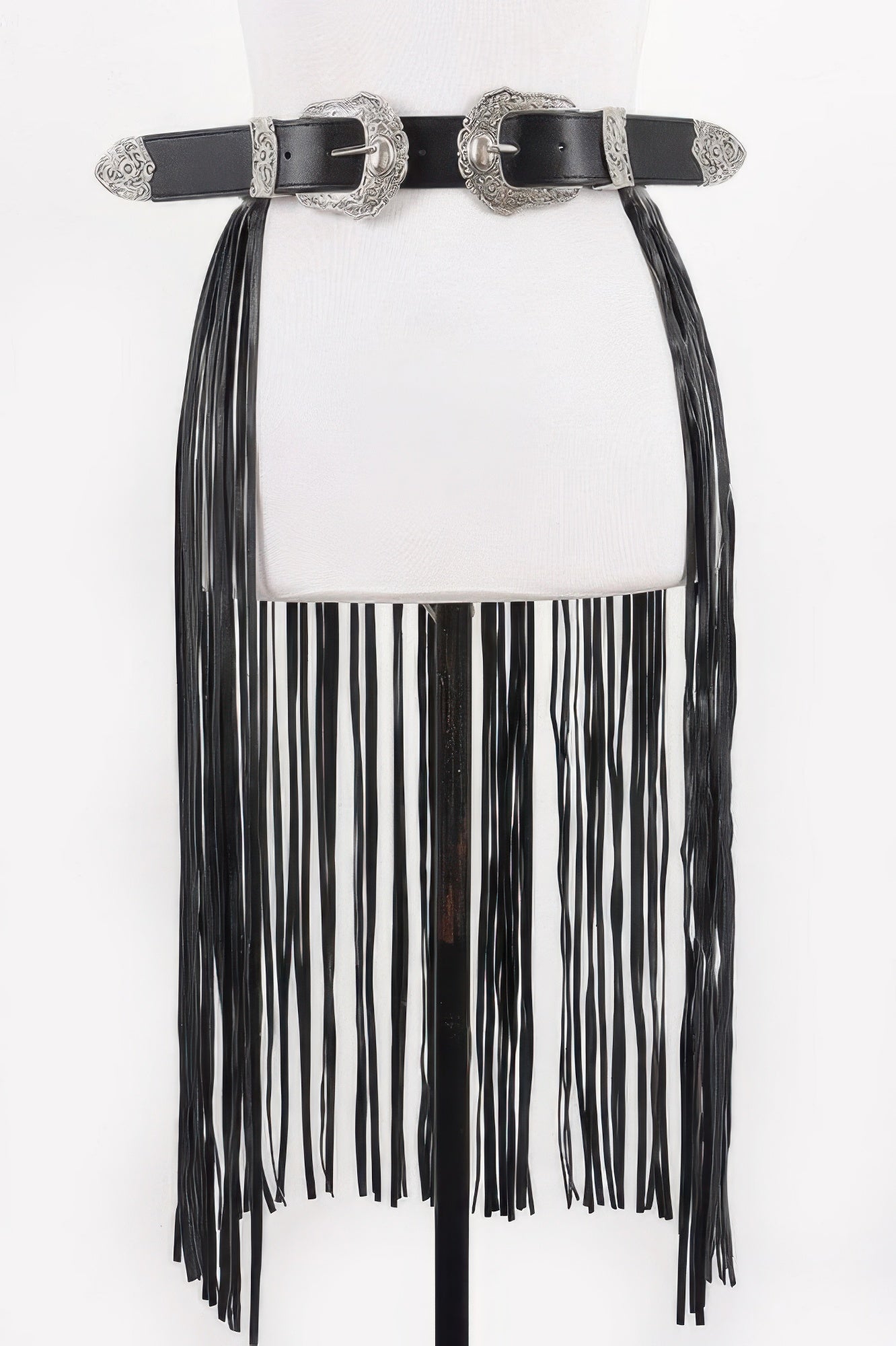 CCWHOLESALECLOTHING black leather double buckle fringe belt with silver western buckles and long cascading fringe