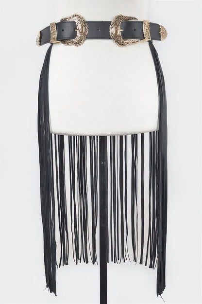 Black leather double buckle fringe belt with ornate gold buckles and long leather tassels on mannequin