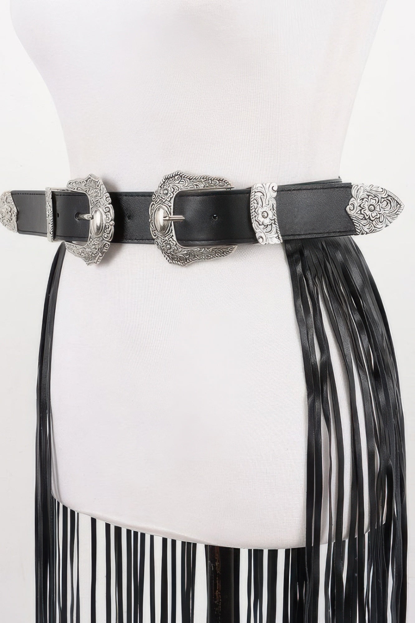 CCWHOLESALECLOTHING double buckle fringe belt black faux leather with silver western buckles and long side fringe