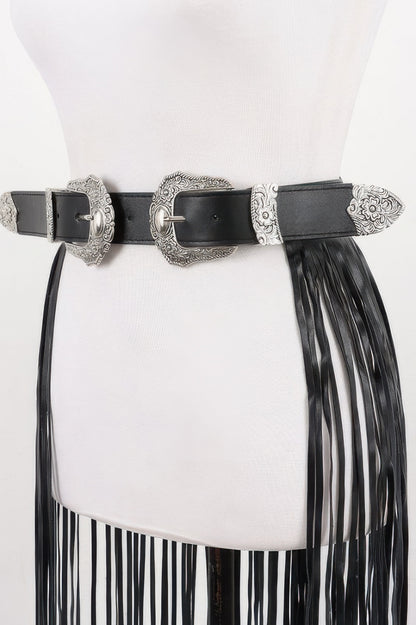 CCWHOLESALECLOTHING double buckle fringe belt black faux leather with silver western buckles and long side fringe