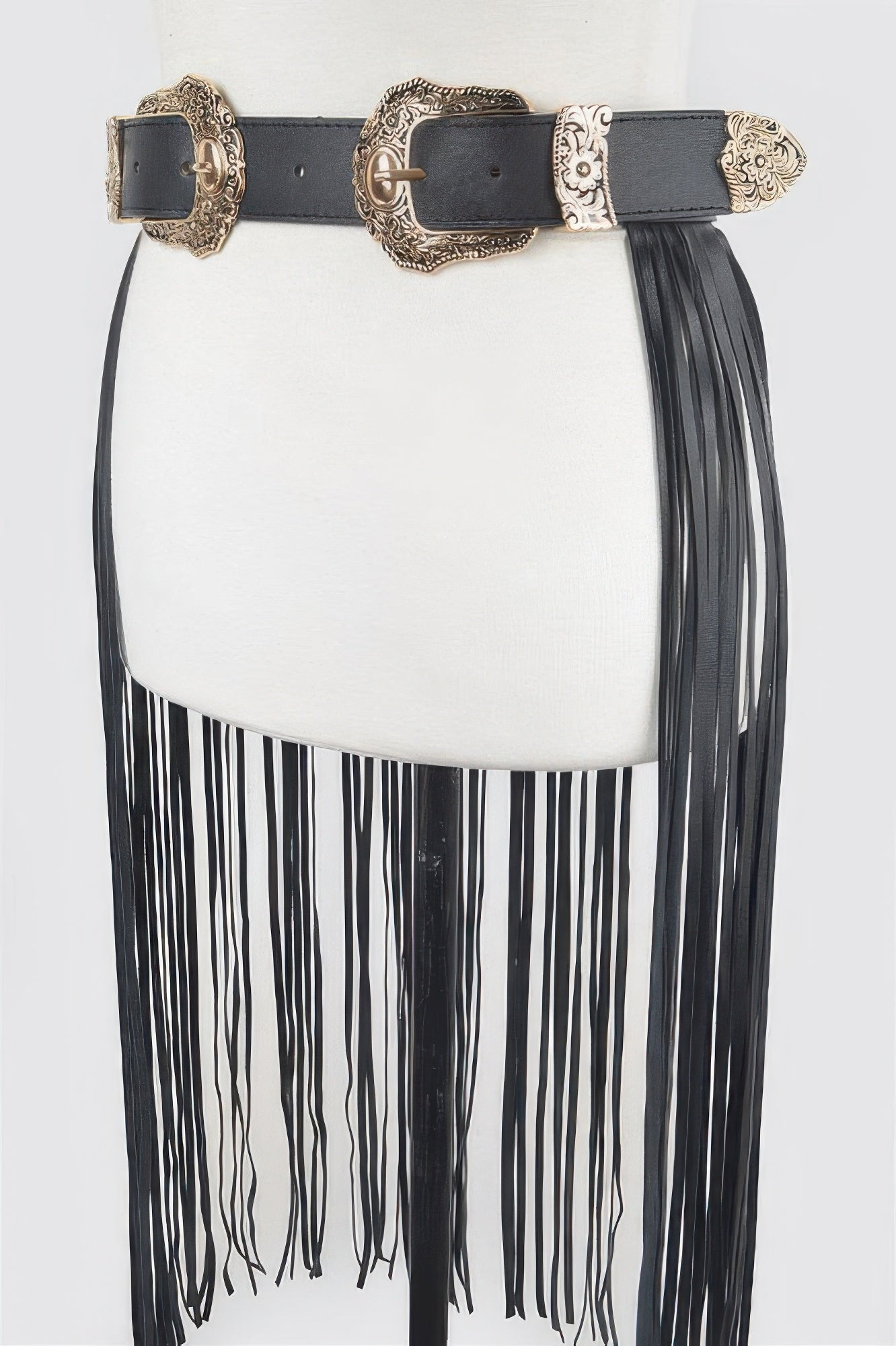 CCWHOLESALECLOTHING black leather double buckle fringe belt with ornate gold western buckles and long leather fringe