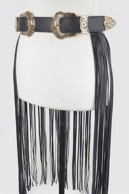 CCWHOLESALECLOTHING black leather double buckle fringe belt with ornate gold western buckles and long leather fringe