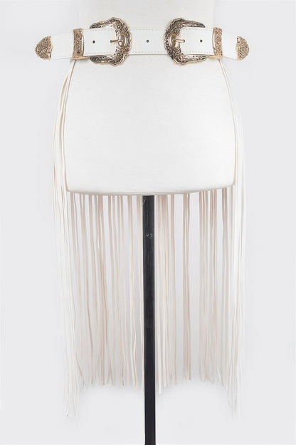 White leather double buckle fringe belt with gold engraved buckles and long tassel fringe for waist