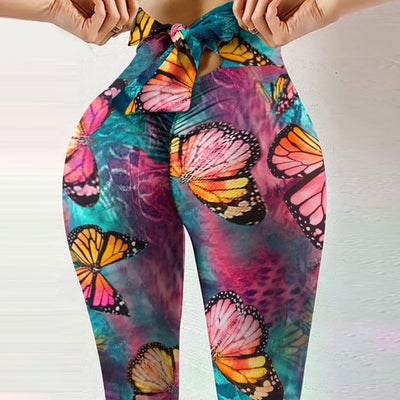 Colorful butterfly print CJ Booty Lifting Leggings with high waist and tie front design