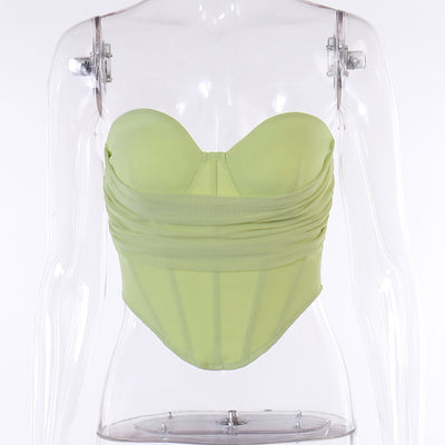 Trendsi lime green Sweetheart Corset Top strapless ruched mesh with molded cups and visible boning on clear mannequin