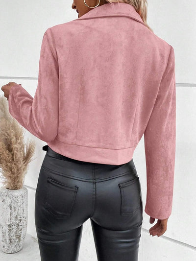 Trendsi women's suede moto jacket in dusty rose cropped back view on model paired with black faux leather pants