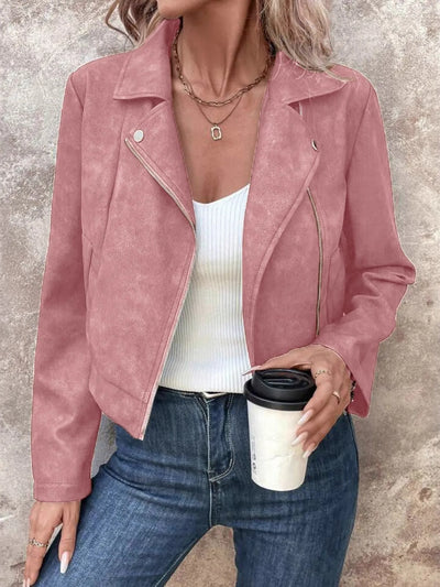 Trendsi women's suede moto jacket in dusty pink styled with white tank jeans and a coffee cup