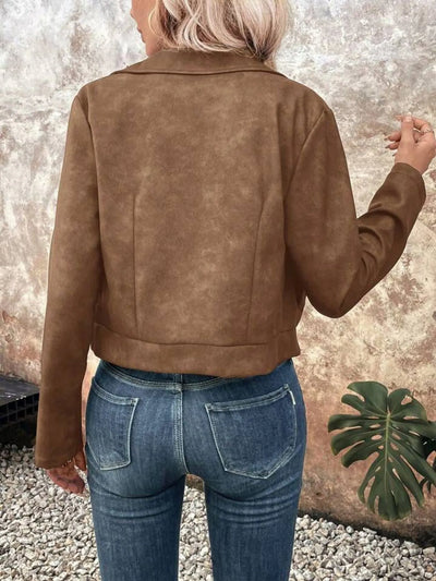 Back view of model wearing Trendsi women's suede moto jacket in brown with cropped fit and long sleeves