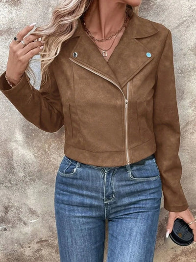 Trendsi women's suede moto jacket cropped brown asymmetrical zip lapel collar long sleeves styled with jeans
