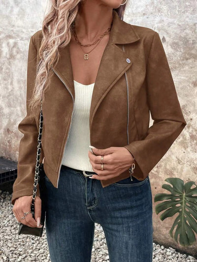 Trendsi women's suede moto jacket in brown styled with white ribbed tank, jeans and chain bag