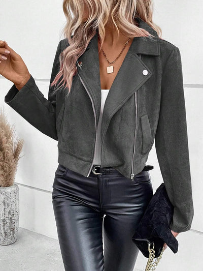 Trendsi women's suede moto jacket in charcoal gray with silver zippers styled with black faux leather pants and white tank