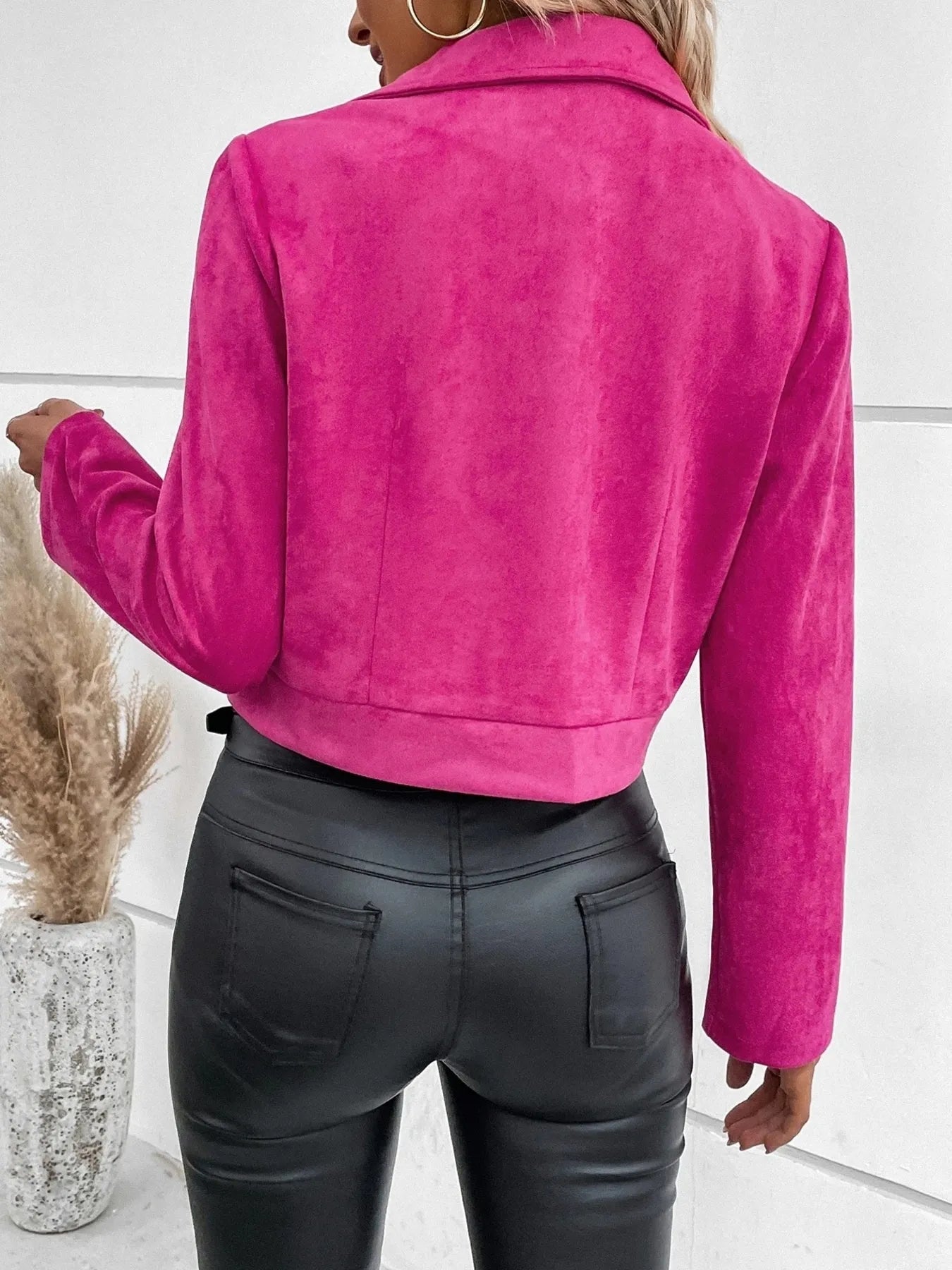 Trendsi women's suede moto jacket bright pink cropped back view styled with black faux leather pants