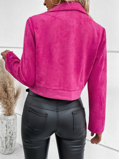 Trendsi women's suede moto jacket bright pink cropped back view styled with black faux leather pants