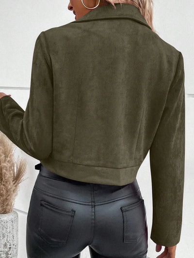 Trendsi women's suede moto jacket cropped olive back view on model with black faux leather pants